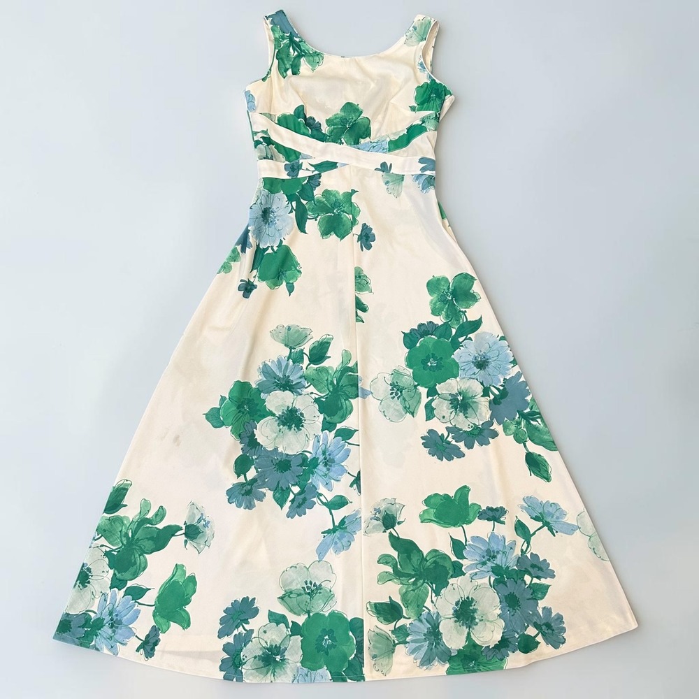Vtg 70s Leslie Fay Floral Maxi Dress Green Blue Watercolor Garden‎ Party Mod M
